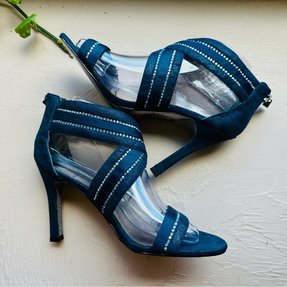 Adrianna Papell Blue Rhinestone Strappy Open Toe Pump High Heel Shoes Womens 7.5